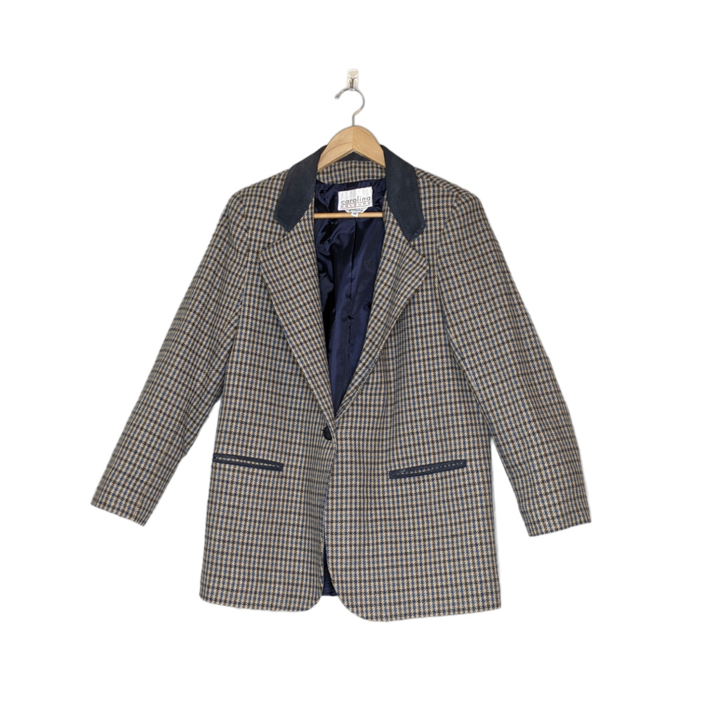 Vintage Carolina Colours Blue/ Brown Wool Houndstooth Blazer w/ Suede Size M